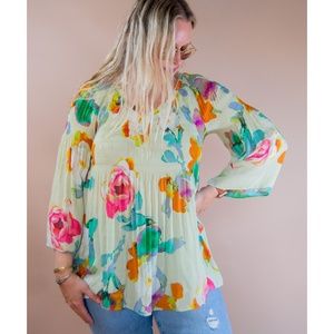 90s Watercolor Floral Smocked Bell Sleeve Babydoll Blouse